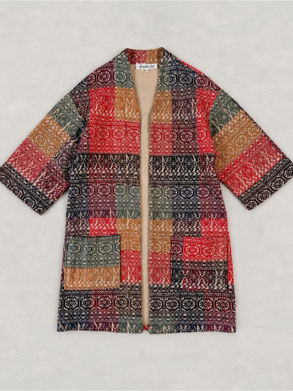 Fresh Fx Woman Multicolour Patchwork Print Textured Relax Long Kimono SMALL Boho